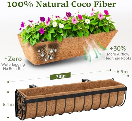 VOXOR Railing Planter Boxes, 30 Inch Window Boxes Planters, Balcony Planters with Adjustable Brackets & Coco Liner for Outdoor Fence, Deck, Porch, and Patio Gardening, 2 Pack - Image 2