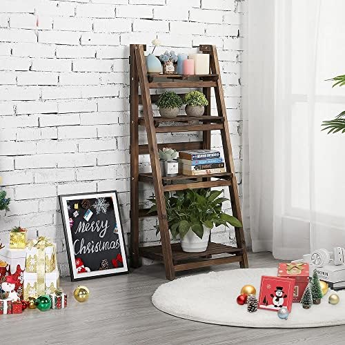Topeakmart Foldable Shelf, Wood Ladder Shelf for Plants, No Assembly, Brown - Image 2