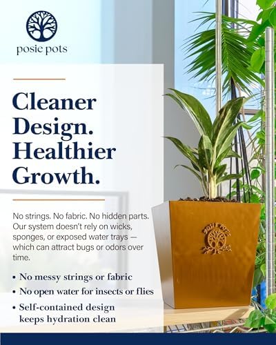 Posie Pot Medium Twisted Square - Self Watering Planter 5x5 Inch - Indoor Plant Pot with 30 Day Reservoir - 3D Printed Bioplastic - No Guilt Plant Care - Made in USA, Gold - Image 6