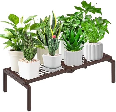 1 Tier Metal Plant Stand Indoor Outdoor, Potted Multiple Flower Pot Holder Rack Plant Shelf, Heavy Duty Planter Display Shelving for Patio Balcony Garden Living Room Decorative (Brown) by Gouisalin