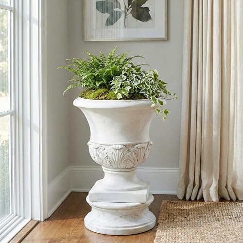 18.31" H Classical Acanthus Leaf Pedestal Urn Planter, Weather-Resistant MGO Outdoor Flower Pot for Garden Patio and Front Porch Entrance,Antique White - Image 2