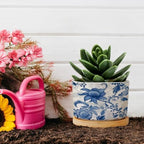 Blue and Indigo Floral Planters Ceramic Chinoiserie Chic Flower Round Plant Pots with Drainage Holes and Bamboo Tray Pot for Home Office Desk Garden - Image 5