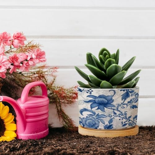 Blue and Indigo Floral Planters Ceramic Chinoiserie Chic Flower Round Plant Pots with Drainage Holes and Bamboo Tray Pot for Home Office Desk Garden - Image 5