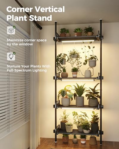 Bamworld Tension Rod Plant Stand with Grow Lights Adjustable Hanging Shelf - Image 6