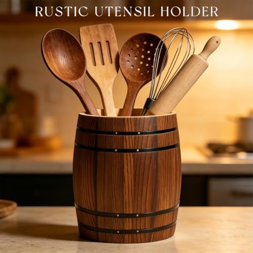 2-Pack 7.9 in Wooden Whiskey Barrel Vases with Brass Hoops ，Vintage Rustic Burnt Wood Cooking Tool Utensil Holder ，Rustic Flower Vase for Home Decor, Western Farmhouse Vintage Kitchen (Brown 2) - Image 4