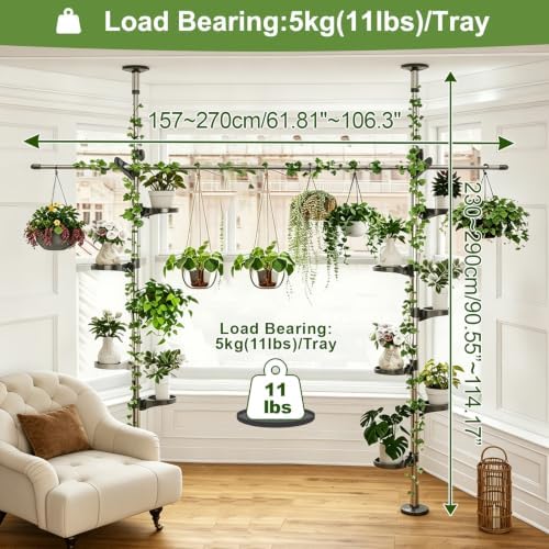 Plant Stand Floor to Ceiling-12 Trays Flower Pot Holder Tension Rod Grey - Image 2