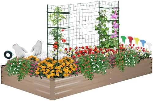 ONCEMORE Galvanized Raised Garden Bed for Vegetables Flowers Herbs, Metal Raised Garden Bed Kit with 2 PCS Tomato Cage, Gloves, Trellis Netting, Plant Labels, Plant Ties, Brown 6×3×1FT by ONCEMORE