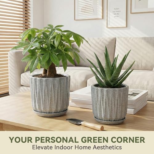 7.5 Inch Ceramic Planter Pot with Saucer Drainage Leak-Proof Mesh,Flower Pots for Indoor Plants with Gardening Gloves,Ceramic Planter(Stone Grey) - Image 2