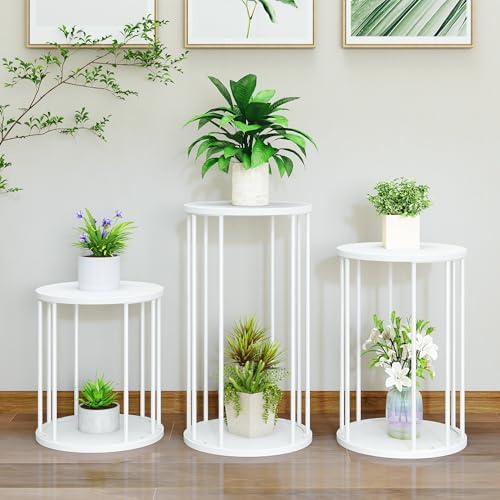 Plant Stand Indoor,small plant stool,Flower Pot Corner stand holder,Mid Century Heavy Duty Metal Tall Home Decor,Modern Round End Table,Small Rustic Display Stand for Living Room,Bedroom (White,3 Packs) by Leinade