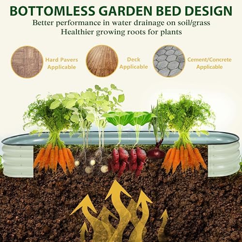 MUPATER 8x2x1 ft Raised Garden Bed Outdoor for Vegetables, 9-in-1 Galvanized Metal Planter Box, 11.1'' H Modular Garden Bed Kit Oval for Herbs and Flowers, Pearl White - Image 6