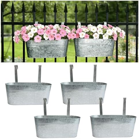 4 Pack 17" Galvanized Hanging Railing Planters with Hooks and Drainage by JOYFERNAL