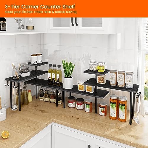 Homode Bathroom Counter Organizer Corner Shelf, Kitchen Countertop Organizer, 3 Tier Wood Counter Shelf Stand for Over The Sink, Coffee Station, Desktop, Black - Image 3