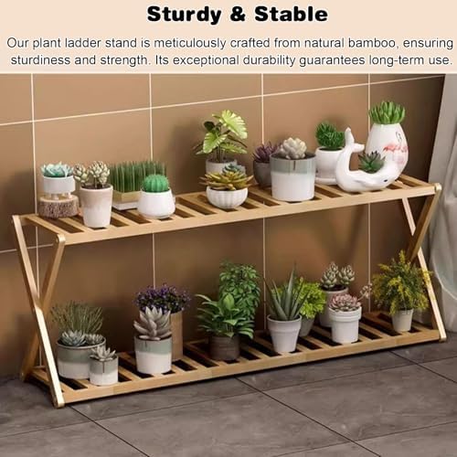 Plant Stand for Indoor Outdoor Tiered Plant Shelf 2 Tier Bamboo Flower Holder Ladder Rack for Multiple Plant Pot Stand for Living Room Balcony Garden,White-19.7" L - Image 5