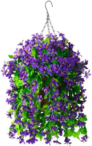 INQCMY Fake Hanging Flowers with Basket Artificial Violet for Outdoor Porch by INQCMYPlantRack