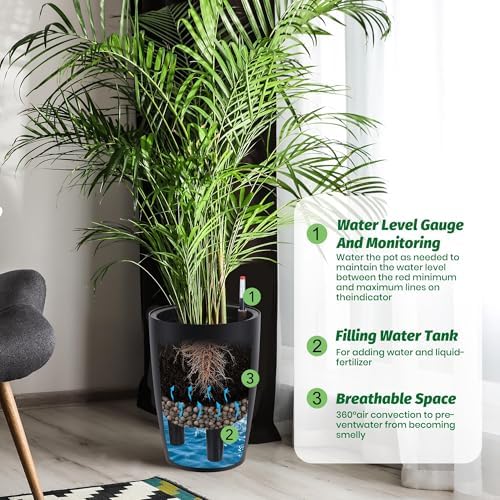 Self-Watering Tall Planter Set – 2 Large 16" & 22" Black Plastic Flower Pots with Drainage, Water Level Gauge – Indoor Outdoor Use, Patio, Porch, Balcony, Garden, Home Office - Image 5