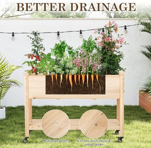 Raised Garden Bed with Lockable Wheels, 48x24x32 inch Elevated Wood Planter with Storage Shelf Protective Liner for Vegetable Flower Herb Outdoor Balcony Patio Backyard, Natural - Image 3