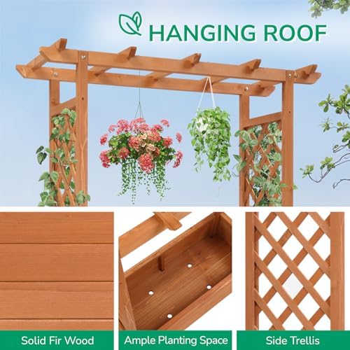 Outvita Raised Garden Bed with Trellis, Wood Planter Box with Hanging Roof, Side Trellis and Drainage Holes, Above Ground Elevated Garden Bed for Outdoor Climbing Plants Vines Vegetables (Teak Color) - Image 3