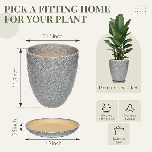 11.8 Inch Modern Ceramic Plant Pot with Saucer, Flower Pot with Drainage Hole Mesh Net,Indoor Outdoor Planter (Gray-dot) - Image 6