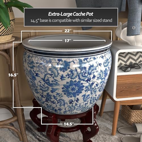 Red Lantern Large 22" Porcelain Fishbowl Blue & White Floral Planter - Image 4