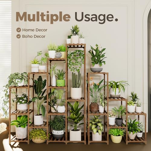 Bamworld Plant Shelf Indoor Large Plant Shelf Tall Flower Stands 16 Pots Outdoor Plant Rack for Garden Balcony Patio Window Living Room Corner Wood - Image 2