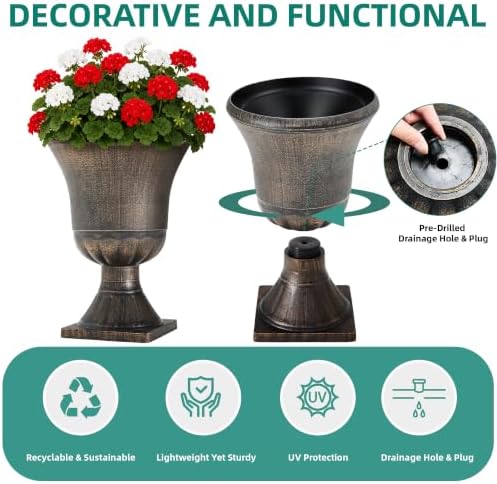 22" Tall Urn Planters Set of 2 Large Flower Pots, Antique Bronze - Image 5
