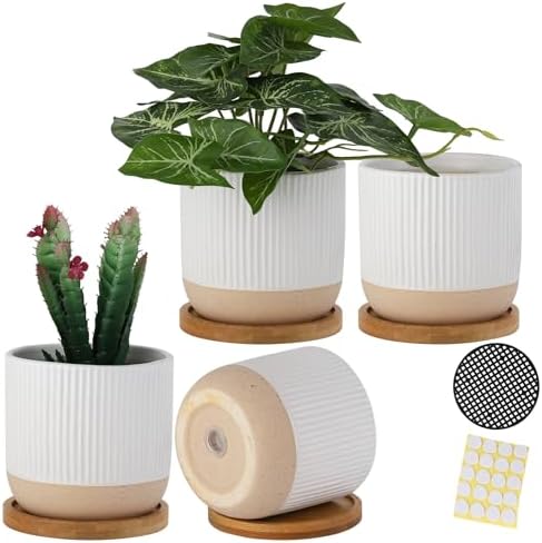 4" White Ceramic Plant Pots with Drainage Holes & Trays Set of 4 by BABALIU
