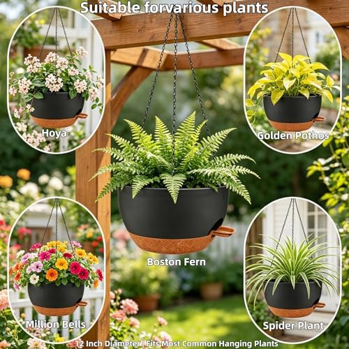 12" Self Watering Hanging Planters with Chains, Black Brown，2 Pack - Image 6