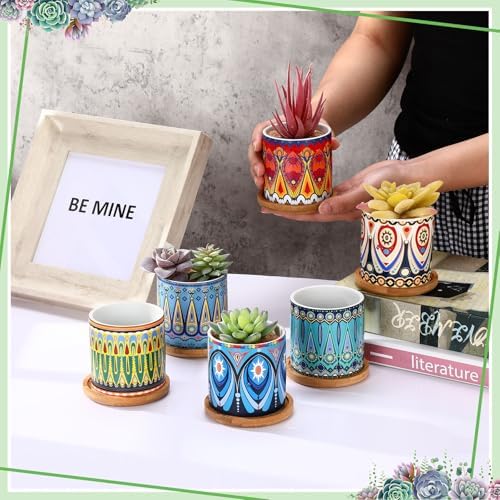 Zopeal 6 Pcs 3 Inch Succulent Pots Succulent Planters Cylinder Ceramic Pots Mandala Multicolor Cactus Pot with Drainage Holes and Bamboo Trays for Indoor Plants Flowers Garden Decoration(Basic) - Image 4