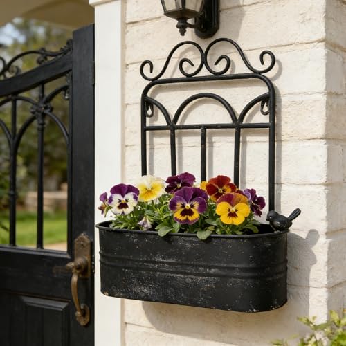 Rustic Metal Wall Planter Country Garden Wall Hanging Mount Vase Pocket Outdoor Vintage Hanging Pot Farmhouse Wall Decor for Plants Flowers (Black) - Image 5