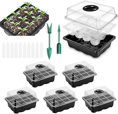 Seed Starter Trays, Reusable Seed Starter Tray 12 Holes,with Air Vent Humidity Dome and Drain Hole Base for Seedling, Seed Growing and Seed Starting,7.3 x 5.7 x 4.3 inches (5 PCS-Black) by Unknown