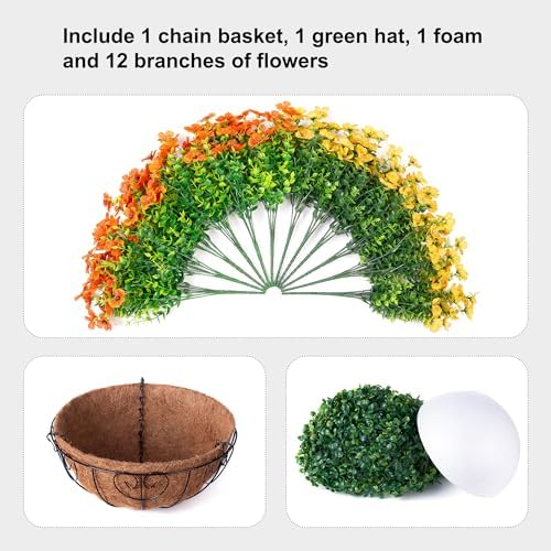 HyeFlora Artificial Fake Hanging Mums Plants Flowers Basket for Fall Autumn Outdoor Decor, Faux Silk Orange Dasiy Flower Look Real UV Resistant for Outside Porch Home Patio Garden Decoration - Image 5