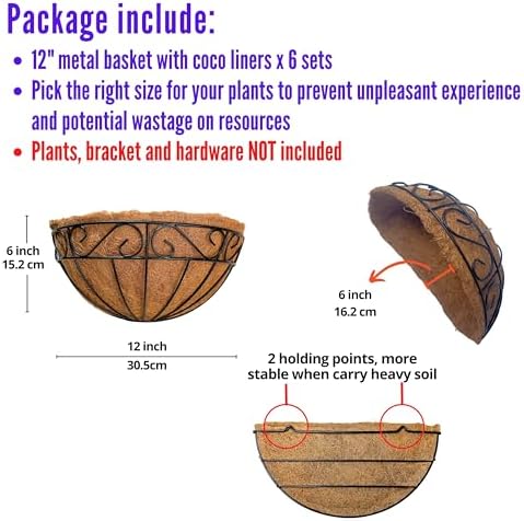 LaLaGreen Fence Wall Planter (12 in, 6 Pack) Black Coco Liner Flower Pots - Image 2