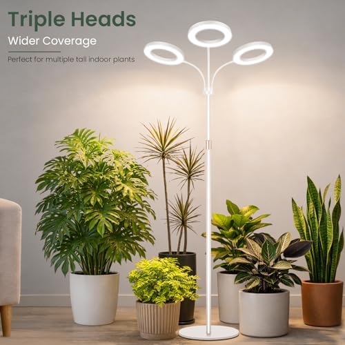 LBW 3-Head Grow Light with Stand for Indoor Plants, Full Spectrum Grow Light for Tall Large Plants, Adjustable Height up to 68", Auto Cycle Timer 6/8/12/16H, 5-Level Dimming, 3 Lighting Modes,White - Image 2