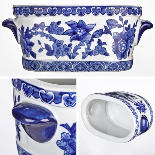Blue and White Ceramic Planter Pot – Vintage Floral Oval Cachepot Vase for Indoor Plants, Flowers & Succulents – Glazed Chinese Porcelain Style Decorative Bowl – 7.4" Size – No Drainage - Image 4