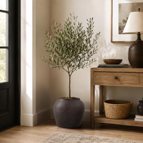 12" H x 14" Dia Vintage Black Fiberstone Planter Pot with Drainage Hole, Decorative Flower Pot for Houseplants, Small Trees & Greenery, Indoor Outdoor Patio, Porch, Entryway & Garden - Image 6