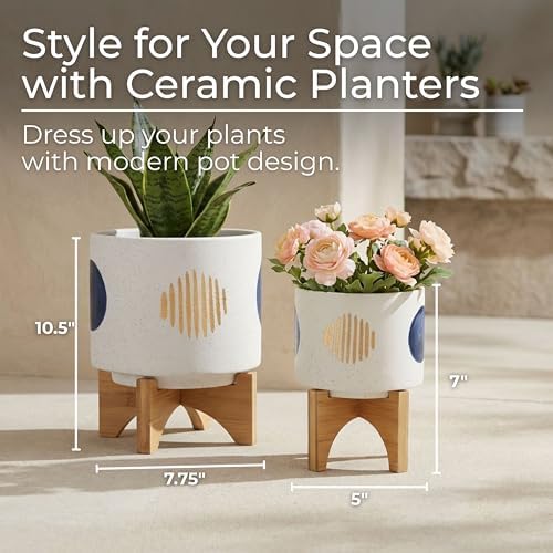 Funky Shapes Ceramic Planters with Wooden Stand for Home Decor Flower Pots for Living Room, Entryway, and Garden - Raised Plant Pots fo Indoor and Outdoor Plants - Set of 2, 11", 7", White & Tan - Image 2