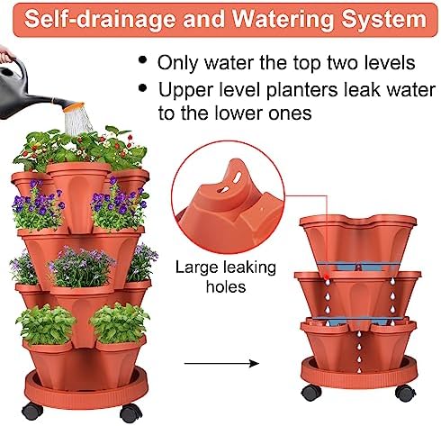 GameXcel Vertical Planter Tower - 4 Tier Stackable Garden Planters with Wheels and Tools Plant Pots for Strawberry Herb Flower and Vegetable Indoor Outdoor Use Red 2 Pack - Image 4