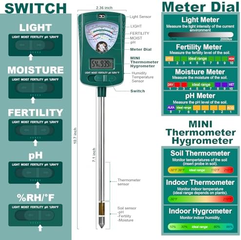 7-in-1 Soil Tester for Soil Moisture pH Fertility Light Intensity, Soil Temp, Air Temp & Humidity, with Pointer and LCD Display.for Garden, Farm, Lawn, Indoor/Outdoor Plant Monitoring. - Image 2