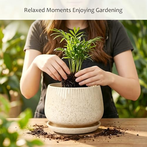 7.5 Inch Ceramic Planter with Saucer,Modern Garden Pots with Drainage Hole Mesh Net, for Indoor Outdoor Use (Silk White) - Image 5
