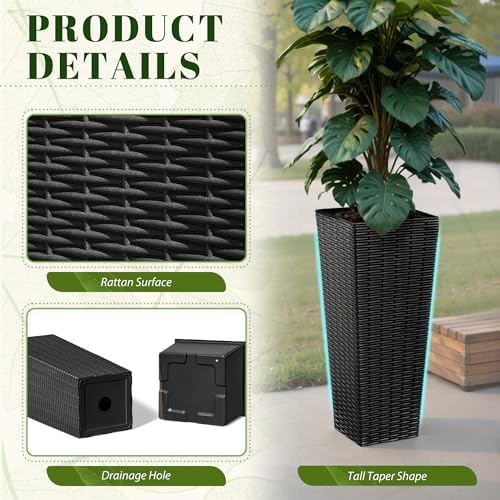 JUMMICO 23.5" Front Porch Resin Rattan Tall Planters 2 Pack, Inner Tray - Image 3