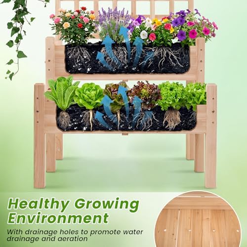 GIANTEX Raised Garden Bed with Trellis, 2-Tier Elevated Planter Box for Climbing Plants, Flowers, Vegetables, Herbs, Outdoor Wooden Vertical Garden Bed with Drainage Holes, for Patio Backyard Balcony - Image 5