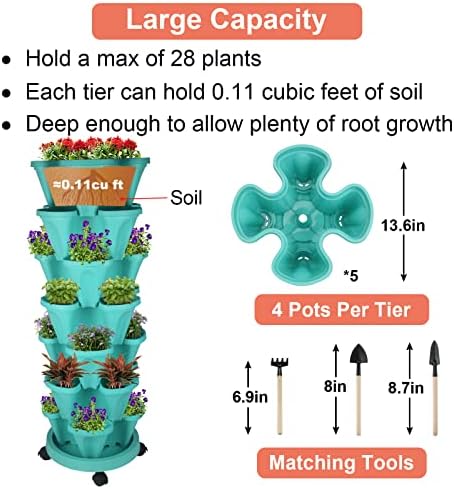 GameXcel Vertical Planter Tower - 7 Tier Stackable Garden Planters with Wheels and Tools Plant Pots for Strawberry Herb Flower and Vegetable Indoor Outdoor Use Teal - Image 5