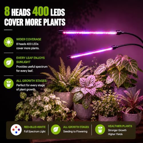 Grow Lights for Indoor Plants [ 8 in1 ] 400 LEDs, Full Spectrum Grow Light for Indoor Growing with Tripod Stand, Auto On/Off Timing 4/8/12H, Plant Grow Lights Indoor. - Image 5