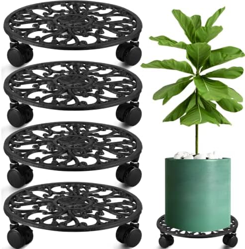 4 Pack 11 In Rolling Plant Stand with Wheels Metal Plant Caddy with Wheels by Planterhoma