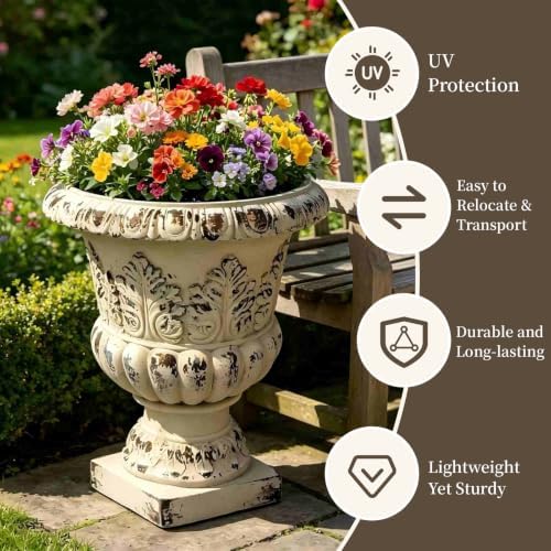 20.47" Tall Antique White Urn Planter, 16.53" W x 16.53" D Magnesium Oxide Outdoor Pedestal Planter with Drainage Hole, Decorative Garden Urn for Patio, Porch and Entryway Decor - Image 6