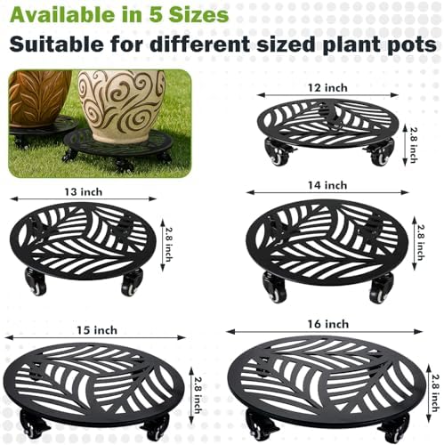3 Packs 13 Inch Large Metal Plant Caddy with Wheels Heavy-Duty Iron Rolling Plant Stands with Casters Indoor Outdoor Planter Dolly Coaster Flower Pot Roller Base Movers Black, Strong Load Capacity - Image 3