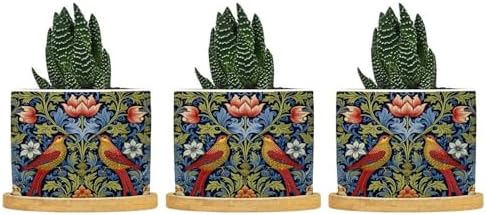 Red Bird Floral Flower Planter Ceramic Chinoiserie Asian Botanical Round Plant Pots with Drainage Holes and Bamboo Tray Pot for Indoor Outdoor Garden by BRUYU5SE