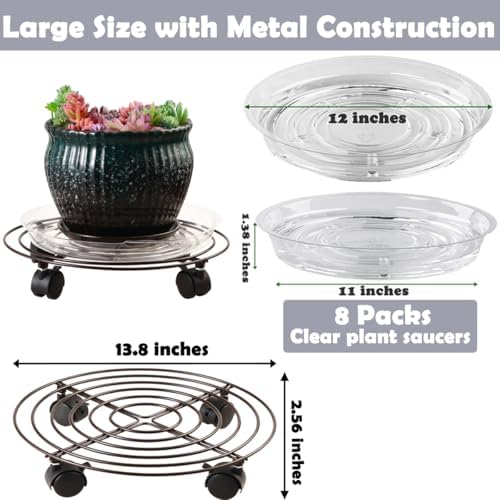 8 Packs Large Metal Plant Caddy 13.8" Plant Dolly with Wheels Heavy-Duty Wrought Iron Rolling Plant Stand with Casters Indoor and Outdoor Plant Pot Mover Rollers, Brown - Image 2
