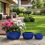 15" Ceramic Plant Pots Set of 3, Glazed Ceramic Flower Pots, Antique Blue by Unknown