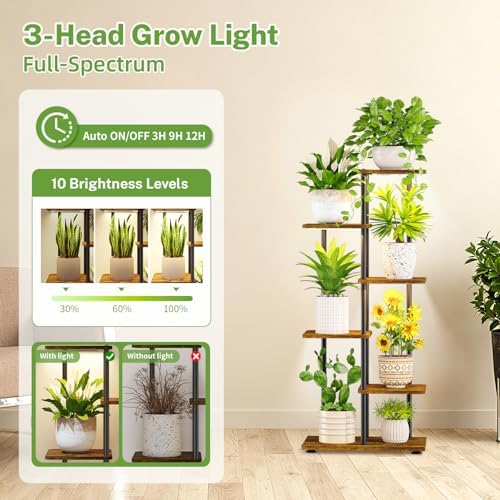 iDavosic.ly Plant Stand Indoor with Grow Lights, Tall 5 Tier Shelf, Brown - Image 2